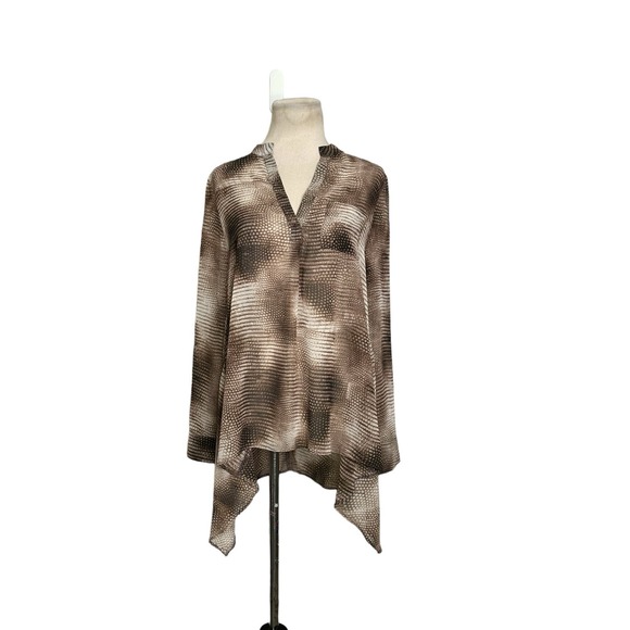 Casting brown silk animal print long sleeves buttoned tunic blouse size M - Picture 10 of 10